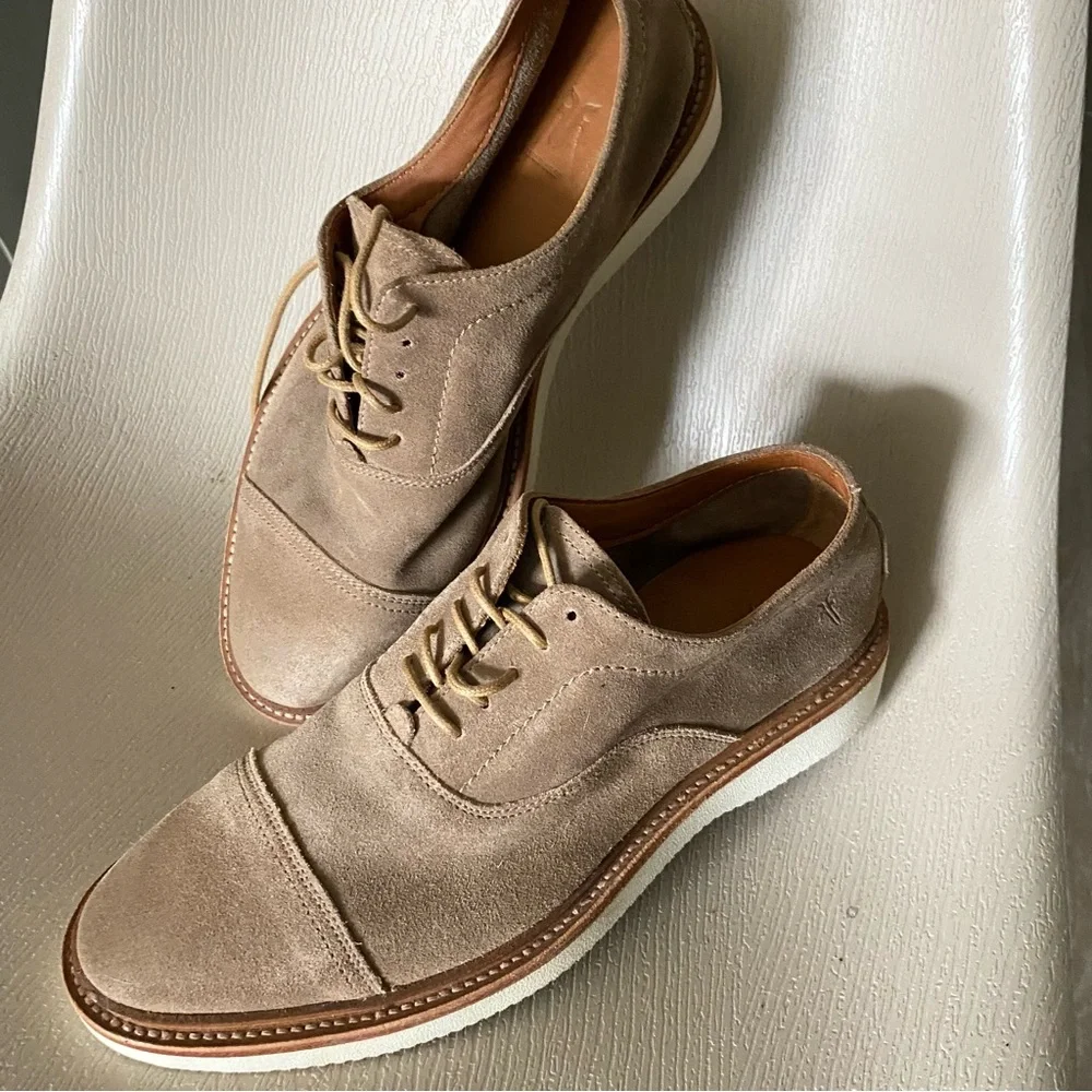 Frye Paul Bal Oxford Suede Tan Leather Cap Toe Dress Shoe Size 7.5D Men